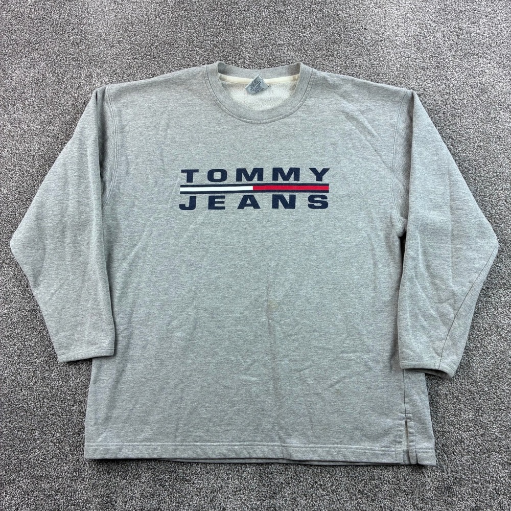 Vintage Tommy Jeans Sweatshirt Mens Medium Gray Cotton Blend 90s Spellout USA
